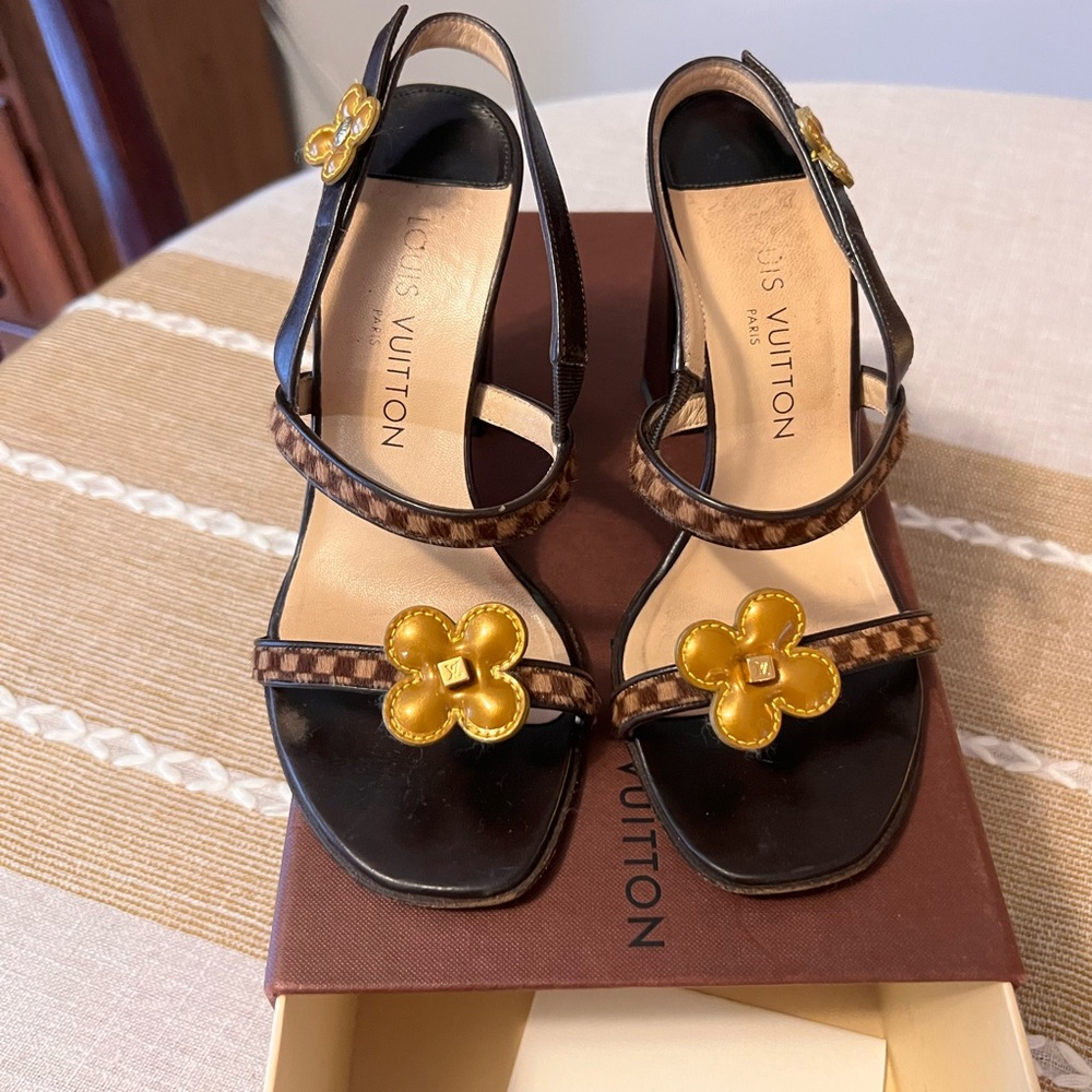 Louis Vuitton Floral Damier Ebene Calf Hair & Leather Heels - Picture 15 of 17